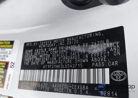 2020 Toyota Camry Xle Hybrid z USA, uszkodzony, nr VIN 4T1F31AK3LU543715